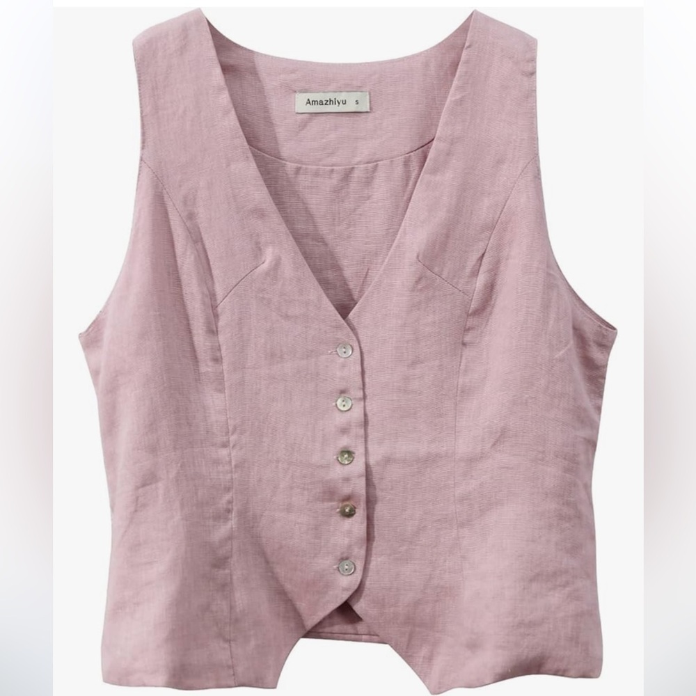 Amazhiyu Pure Linen Sleeveless Vest  Women Button Down V Neck Summer Waistcoat